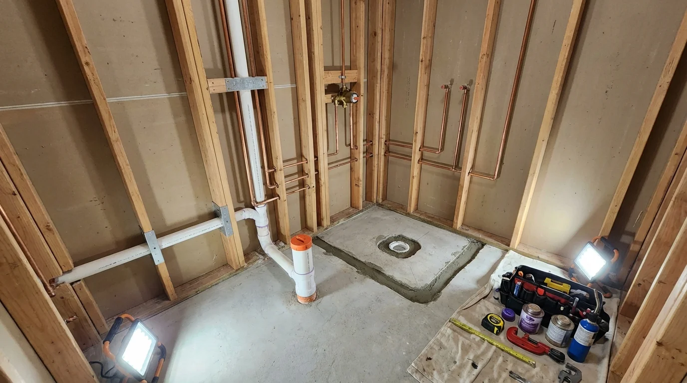 Bathroom rough-in plumbing during remodel by Johns Plumbing LLC in Mount Vernon