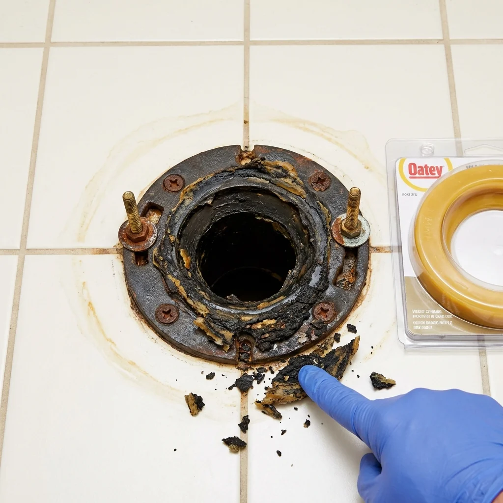 Failed wax ring showing water seepage at the base of a toilet in a Mount Vernon, ME home