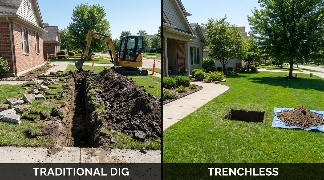 Trenchless sewer repair with minimal yard damage versus traditional excavation in Mount Vernon, ME