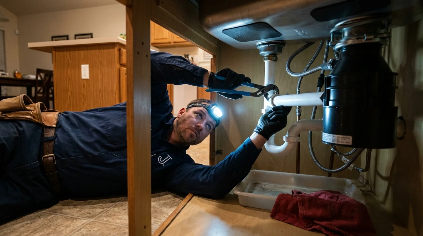 P-trap and supply line connections under a kitchen sink showing a common leak point in Mount Vernon, ME